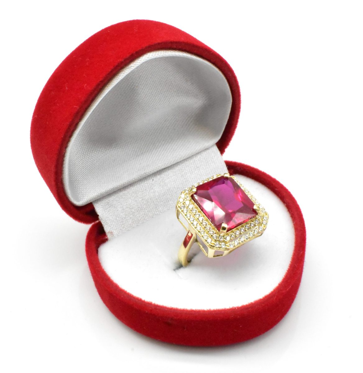 Дамски златен пръстен Ruby 14К с червен камък и цирконии – Размер 53